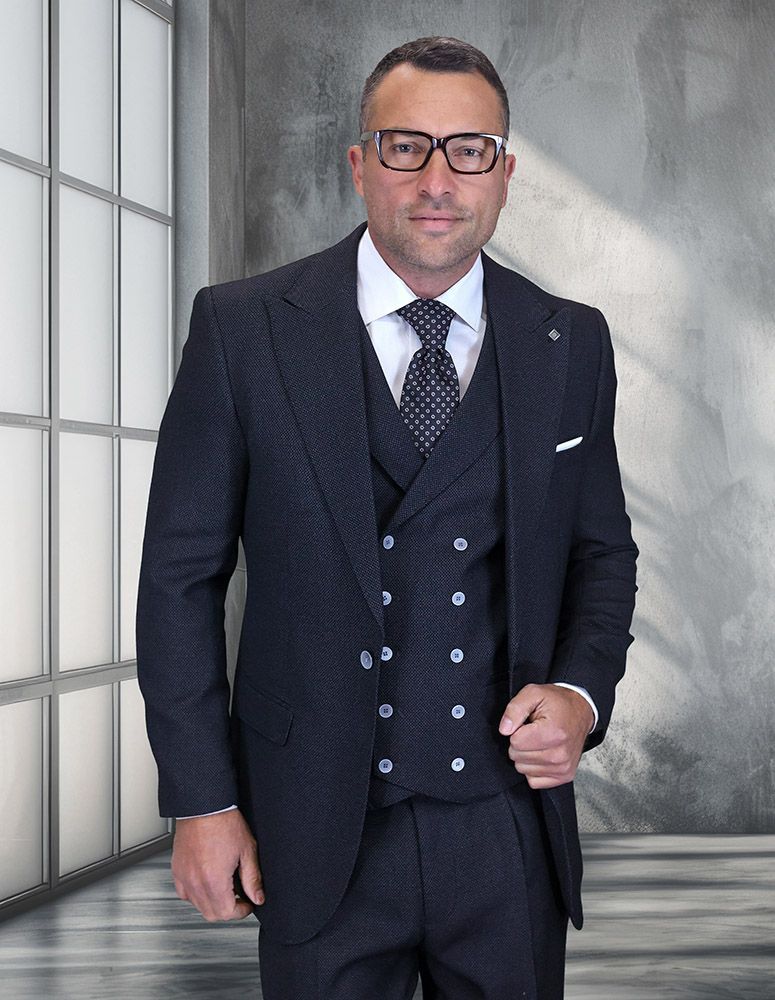 Statement Mens Big and Tall 3 Piece 100% Super 200s Wool Suit – Classic Fit Woven Texture, Wide Leg Pants