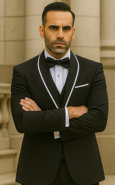 Statement Men's Black with White Lapel Vested 100% Wool Tuxedo