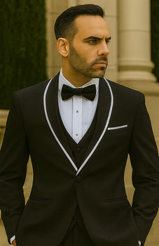 Statement Men's Black with White Lapel Vested 100% Wool Tuxedo