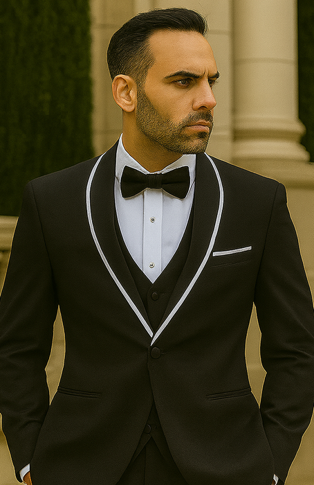 Statement Men's Black with White Lapel Vested 100% Wool Tuxedo