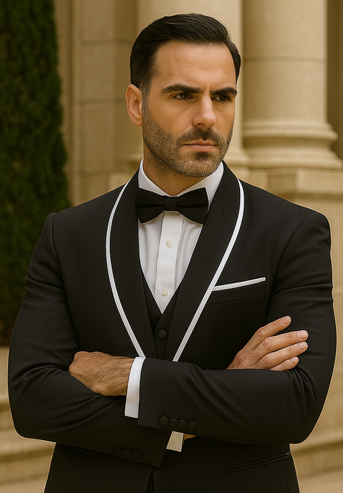 Statement Men's Black with White Lapel Vested 100% Wool Tuxedo