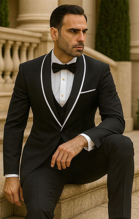Statement Men's Black with White Lapel Vested 100% Wool Tuxedo