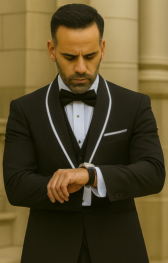 Statement Men's Black with White Lapel Vested 100% Wool Tuxedo