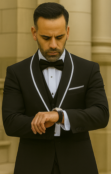 Statement Men's Black with White Lapel Vested 100% Wool Tuxedo