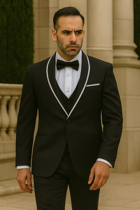 Statement Men's Black with White Lapel Vested 100% Wool Tuxedo