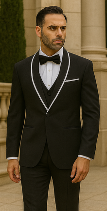 Statement Men's Black with White Lapel Vested 100% Wool Tuxedo