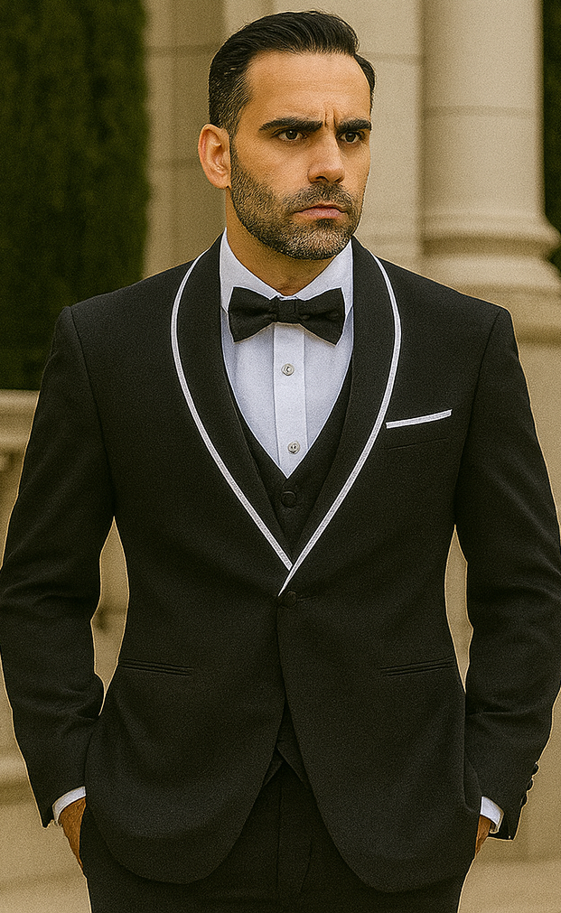 Statement Men's Black with White Lapel Vested 100% Wool Tuxedo