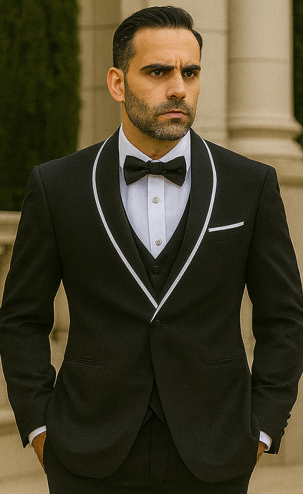 Statement Men's Black with White Lapel Vested 100% Wool Tuxedo