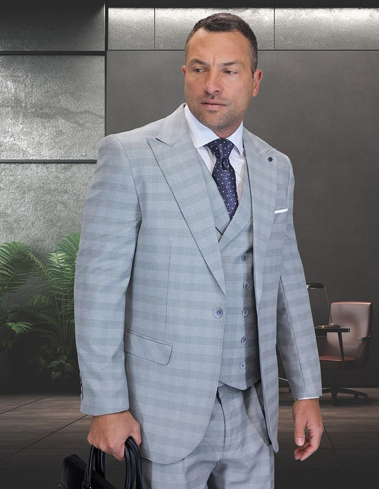 Statement Mens Classic Fit 3 Piece 100% Super 200s Wool Windowpane Plaid Suit – Wide Leg Pleated Pants