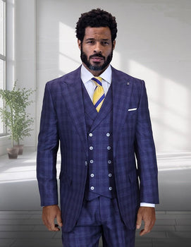 Statement Mens Classic Fit 3 Piece 100% Super 200s Wool Windowpane Plaid Suit – Wide Leg Pleated Pants