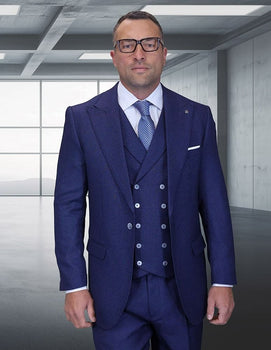 Statement Mens Classic Fit 3 Piece 100% Super 200s Wool Woven Texture Suit – Wide Leg Pleated Pants