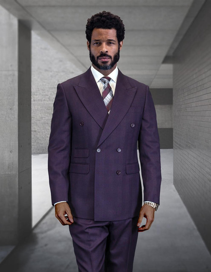 Statement Men's Double Breasted Plaid Purple Eggplant Designer Suit Imperial Modern Fit