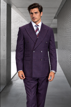 Statement Men's Double Breasted Plaid Purple Eggplant Designer Suit Imperial Modern Fit