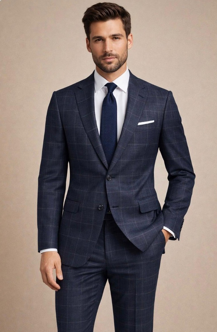 Statement Mens 2 Piece 100% Super 200s Wool Fine Windowpane Suit – Single Breasted Notch Lapel Jacket Modern Fit