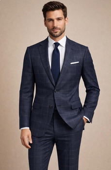 Statement Mens Modern Fit 2 Piece 100% Super 200s Wool Fine Windowpane Suit – Single Breasted Notch Lapel Jacket