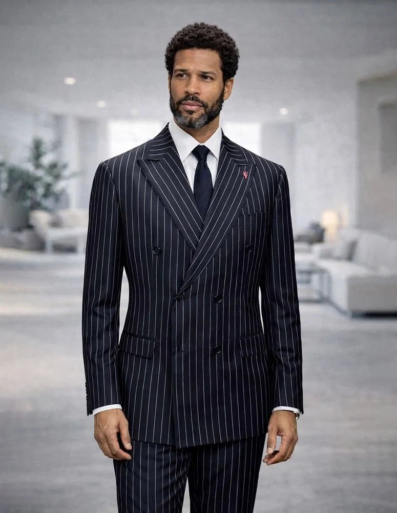 Statement Mens  2 Piece 100% Super 200s Wool Pinstripe Suit – Double Breasted Peak Lapel Modern Fit