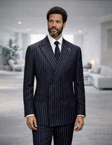 Statement Mens  2 Piece 100% Super 200s Wool Pinstripe Suit – Double Breasted Peak Lapel Modern Fit