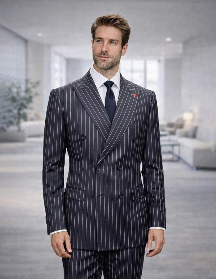 Statement Mens  2 Piece 100% Super 200s Wool Pinstripe Suit – Double Breasted Peak Lapel Modern Fit