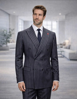 Statement Mens Modern Fit 2 Piece 100% Super 200s Wool Pinstripe Suit – Double Breasted Peak Lapel