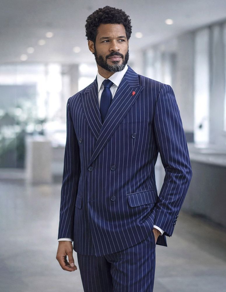 Statement Mens  2 Piece 100% Super 200s Wool Pinstripe Suit – Double Breasted Peak Lapel Modern Fit