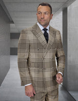Statement Mens 2 Piece 100% Super 200s Wool Plaid Suit – Double Breasted Peak Lapel Jacket Modern Fit