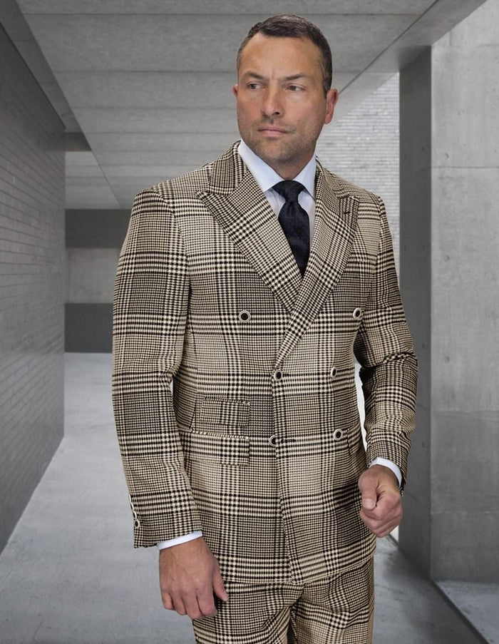 Statement Mens 2 Piece 100% Super 200s Wool Plaid Suit – Double Breasted Peak Lapel Jacket Modern Fit