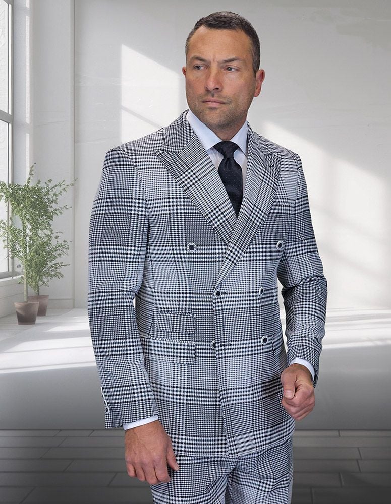 Statement Mens 2 Piece 100% Super 200s Wool Plaid Suit – Double Breasted Peak Lapel Jacket Modern Fit
