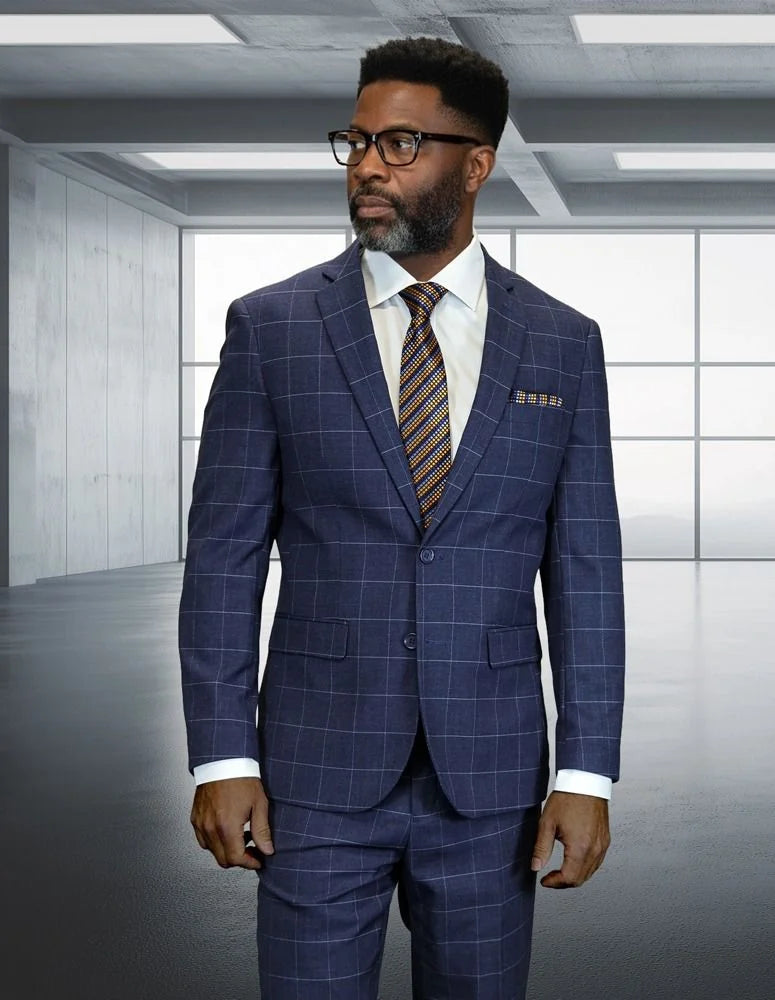 Statement Mens 2 Piece 100% Super 200s Wool Sharp Windowpane Plaid Suit – Single Breasted Notch Lapel Jacket Modern Fit