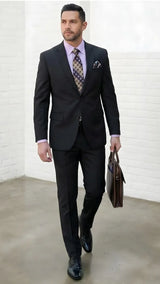 Statement Mens 2 Piece 100% Super 200s Wool Suit – Solid Colors, Notch Lapel Jacket Modern Fit