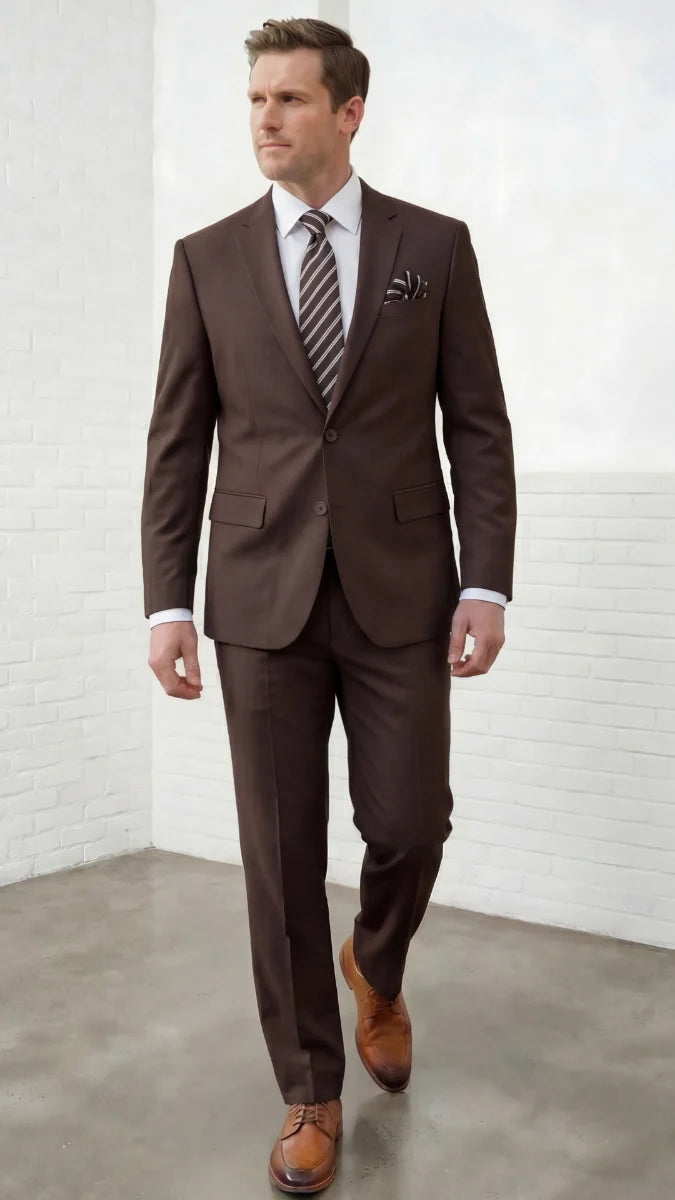 Statement Mens 2 Piece 100% Super 200s Wool Suit – Solid Colors, Notch Lapel Jacket Modern Fit