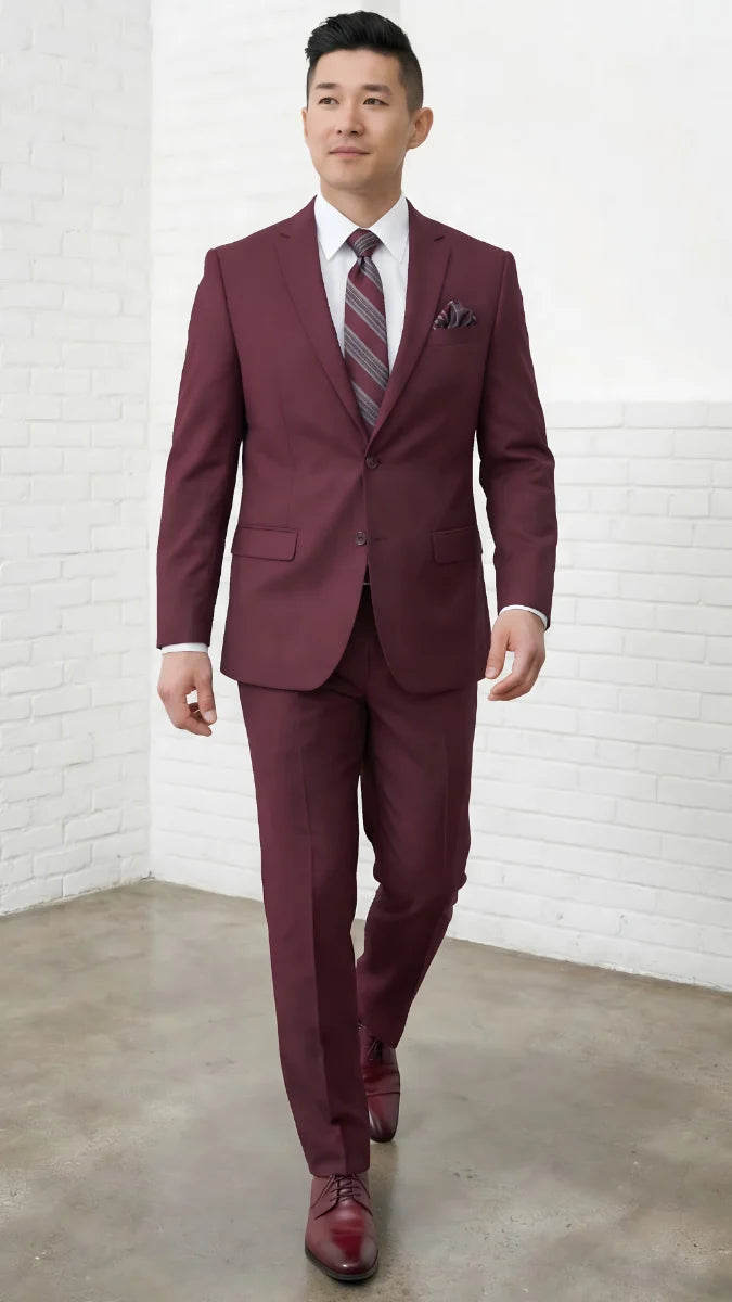 Statement Mens 2 Piece 100% Super 200s Wool Suit – Solid Colors, Notch Lapel Jacket Modern Fit