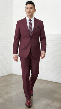 Statement Mens Modern Fit 2 Piece 100% Super 200s Wool Suit – Solid Colors, Notch Lapel Jacket