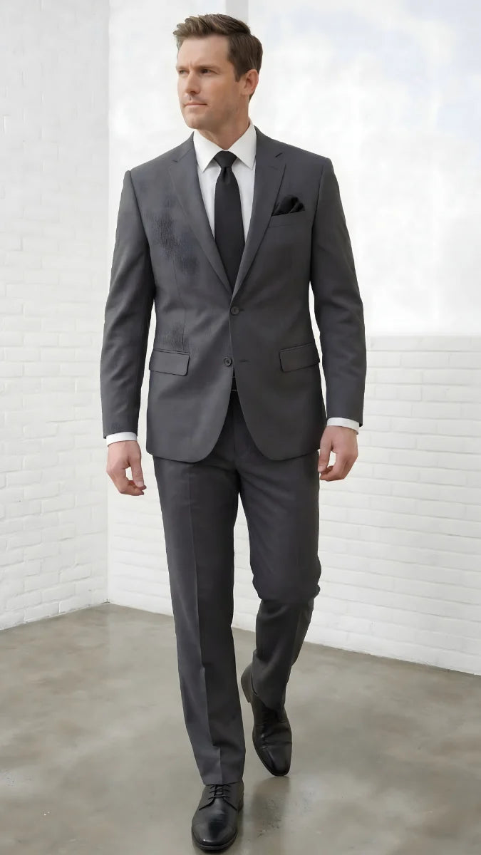Statement Mens 2 Piece 100% Super 200s Wool Suit – Solid Colors, Notch Lapel Jacket Modern Fit