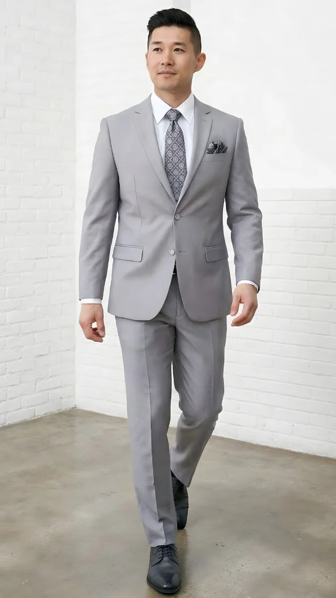 Statement Mens 2 Piece 100% Super 200s Wool Suit – Solid Colors, Notch Lapel Jacket Modern Fit