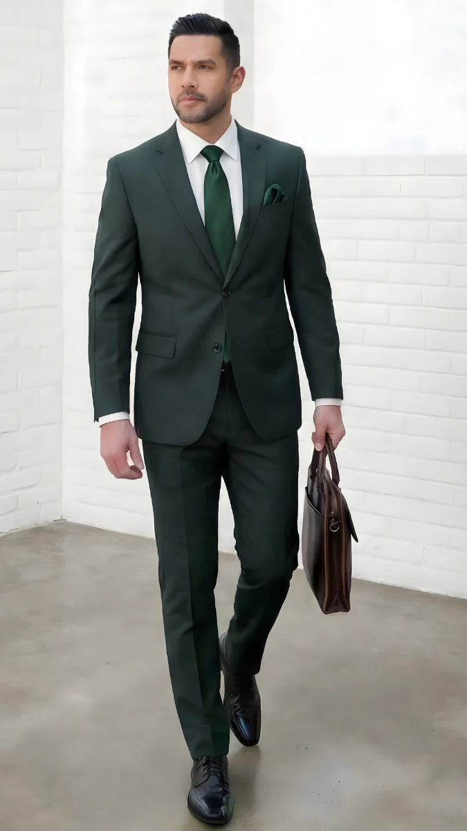 Statement Mens 2 Piece 100% Super 200s Wool Suit – Solid Colors, Notch Lapel Jacket Modern Fit