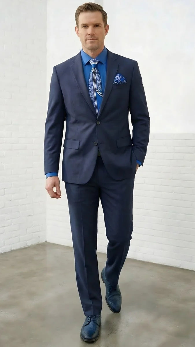 Statement Mens 2 Piece 100% Super 200s Wool Suit – Solid Colors, Notch Lapel Jacket Modern Fit
