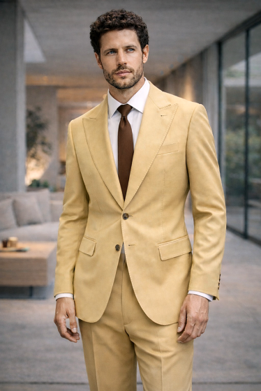 Statement Mens  2 Piece 100% Super 200s Wool Suit – Peak Lapel with Pick Stitching Modern Fit