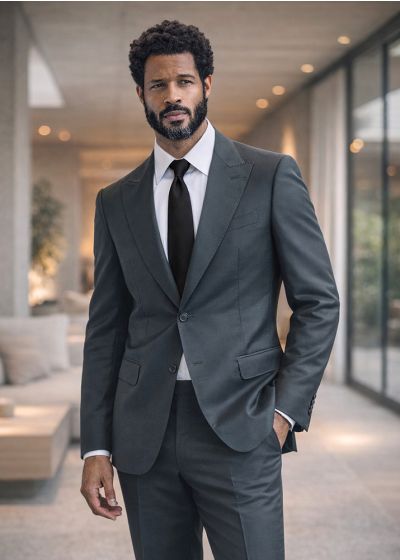 Statement Mens  2 Piece 100% Super 200s Wool Suit – Peak Lapel with Pick Stitching Modern Fit