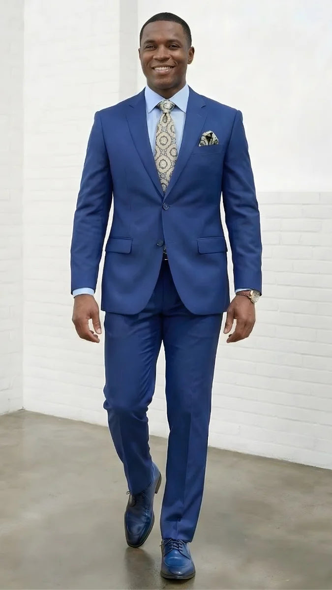 Statement Mens 2 Piece 100% Super 200s Wool Suit – Solid Colors, Notch Lapel Jacket Modern Fit