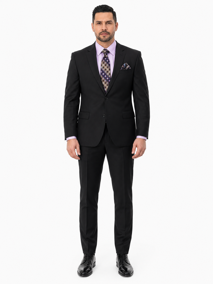 Statement Mens 2 Piece 100% Super 200s Wool Suit – Solid Colors, Notch Lapel Jacket Modern Fit