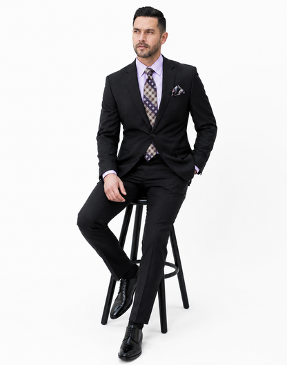 Statement Mens 2 Piece 100% Super 200s Wool Suit – Solid Colors, Notch Lapel Jacket Modern Fit