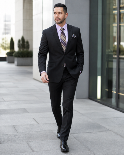 Statement Mens 2 Piece 100% Super 200s Wool Suit – Solid Colors, Notch Lapel Jacket Modern Fit