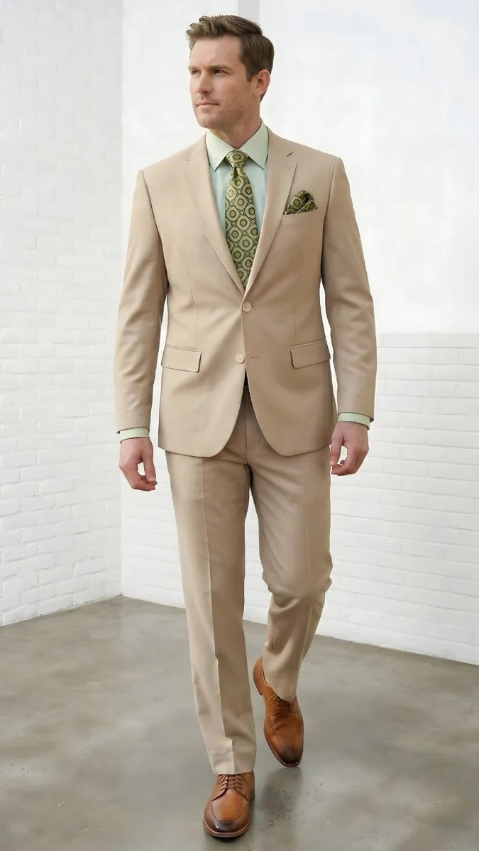 Statement Mens 2 Piece 100% Super 200s Wool Suit – Solid Colors, Notch Lapel Jacket Modern Fit