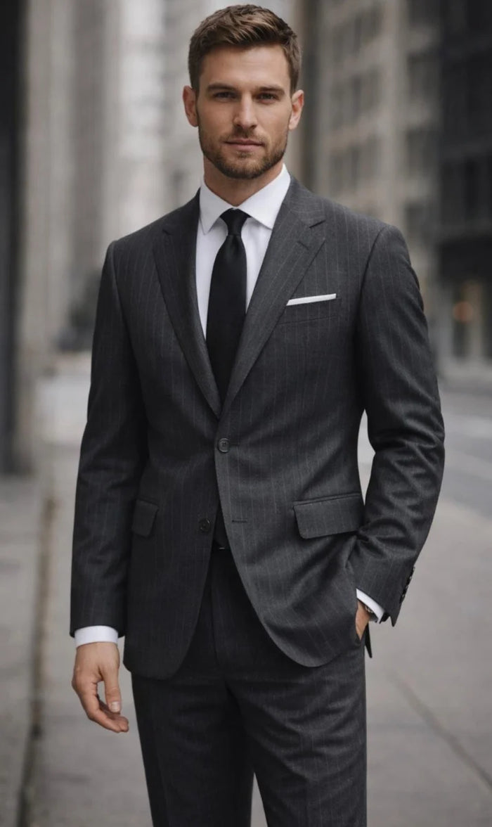 Statement Mens 2 Piece 100% Wool Pinstripe Suit – Single Breasted Notch Lapel Jacket Modern Fit