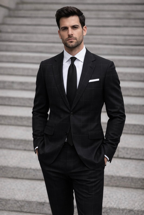 Statement Mens Modern Fit 2 Piece 100% Wool Sharp Windowpane Suit – Si ...