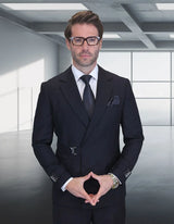 Statement Mens Modern Fit 2 Piece 100% Wool Suit – Double Breasted Jacket with Metal Buckle Closure
