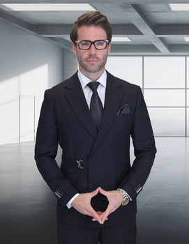 Statement Mens Modern Fit 2 Piece 100% Wool Suit – Double Breasted Jacket with Metal Buckle Closure