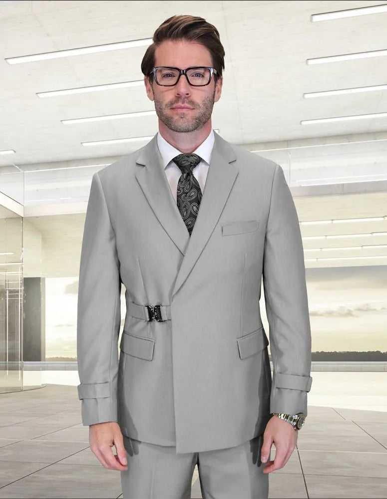Statement Mens Modern Fit 2 Piece 100% Wool Suit – Double Breasted Jacket with Metal Buckle Closure