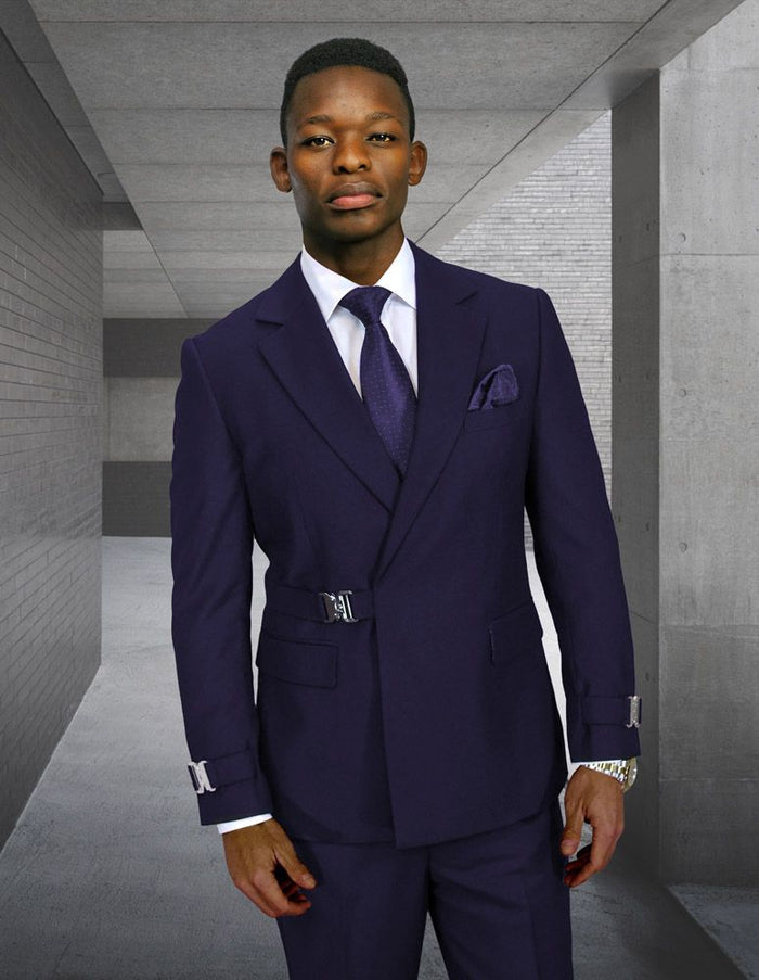Statement Mens Modern Fit 2 Piece 100% Wool Suit – Double Breasted Jacket with Metal Buckle Closure