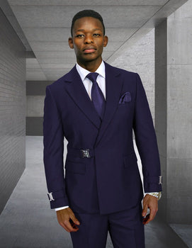 Statement Mens Modern Fit 2 Piece 100% Wool Suit – Double Breasted Jacket with Metal Buckle Closure